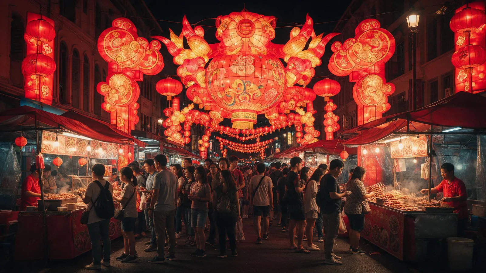 Singapore's Chinatown at Lunar New Year with giant lantern installations over the street, crowds shopping for festive snacks, warm red glow at night