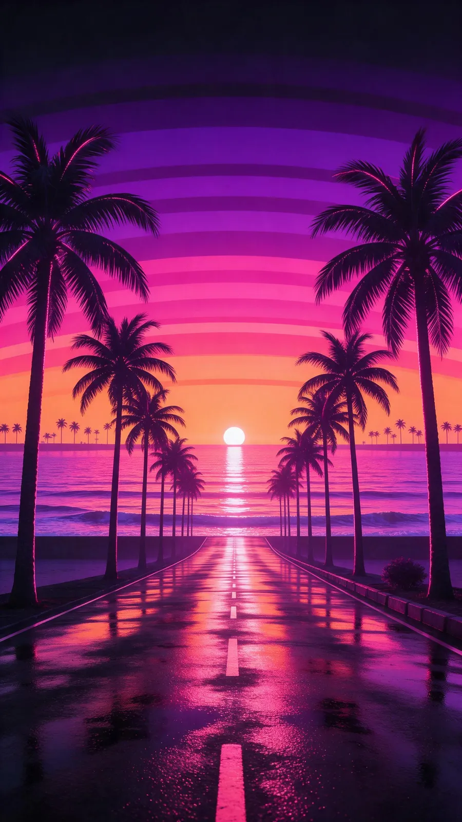 Retro synthwave phone wallpaper of a palm-lined road leading to a striped sunset over the sea, no text