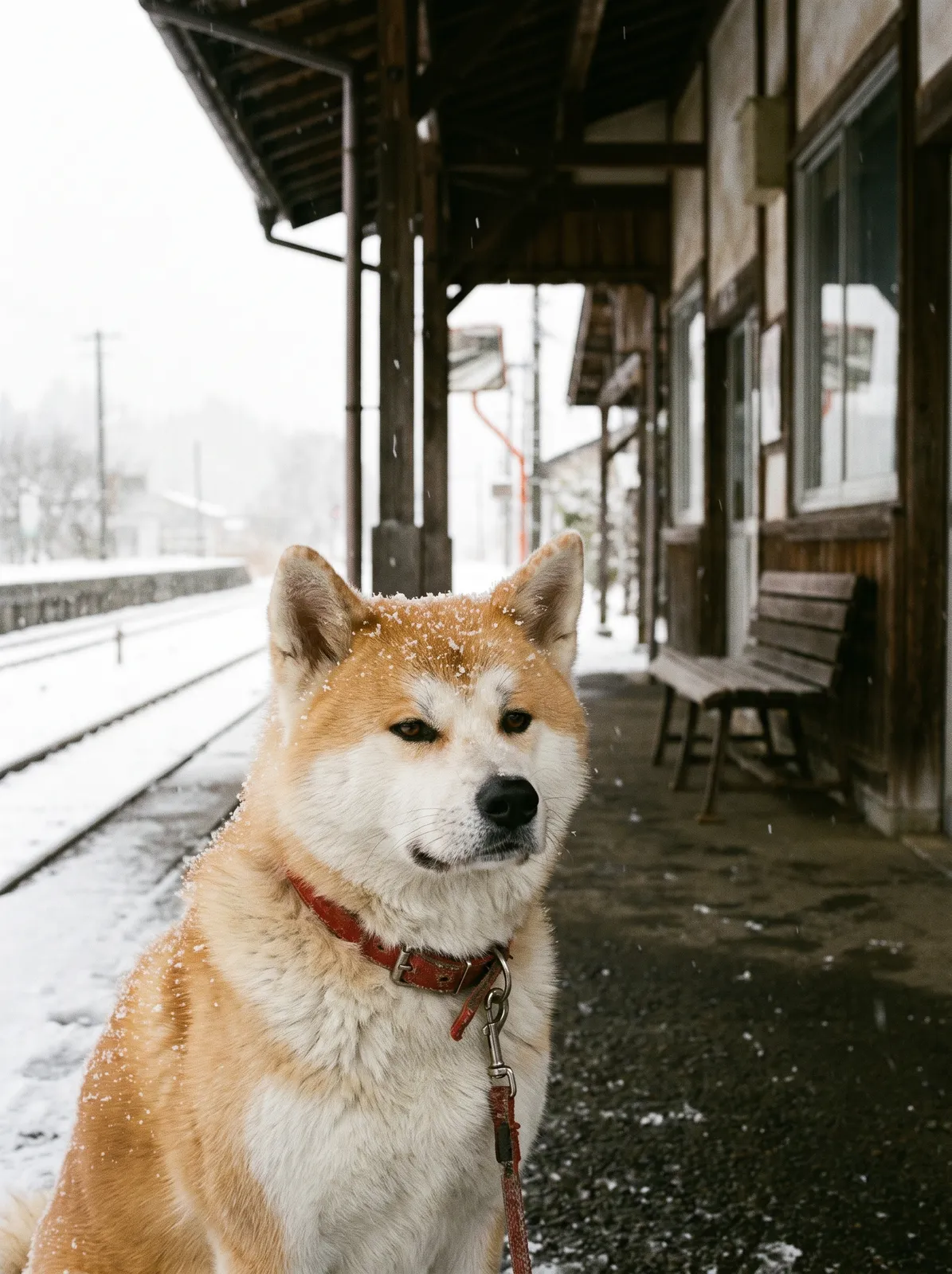Akita dog waiting faithfully at a train station platform in snow, red collar, gentle eyes, quiet emotional mood