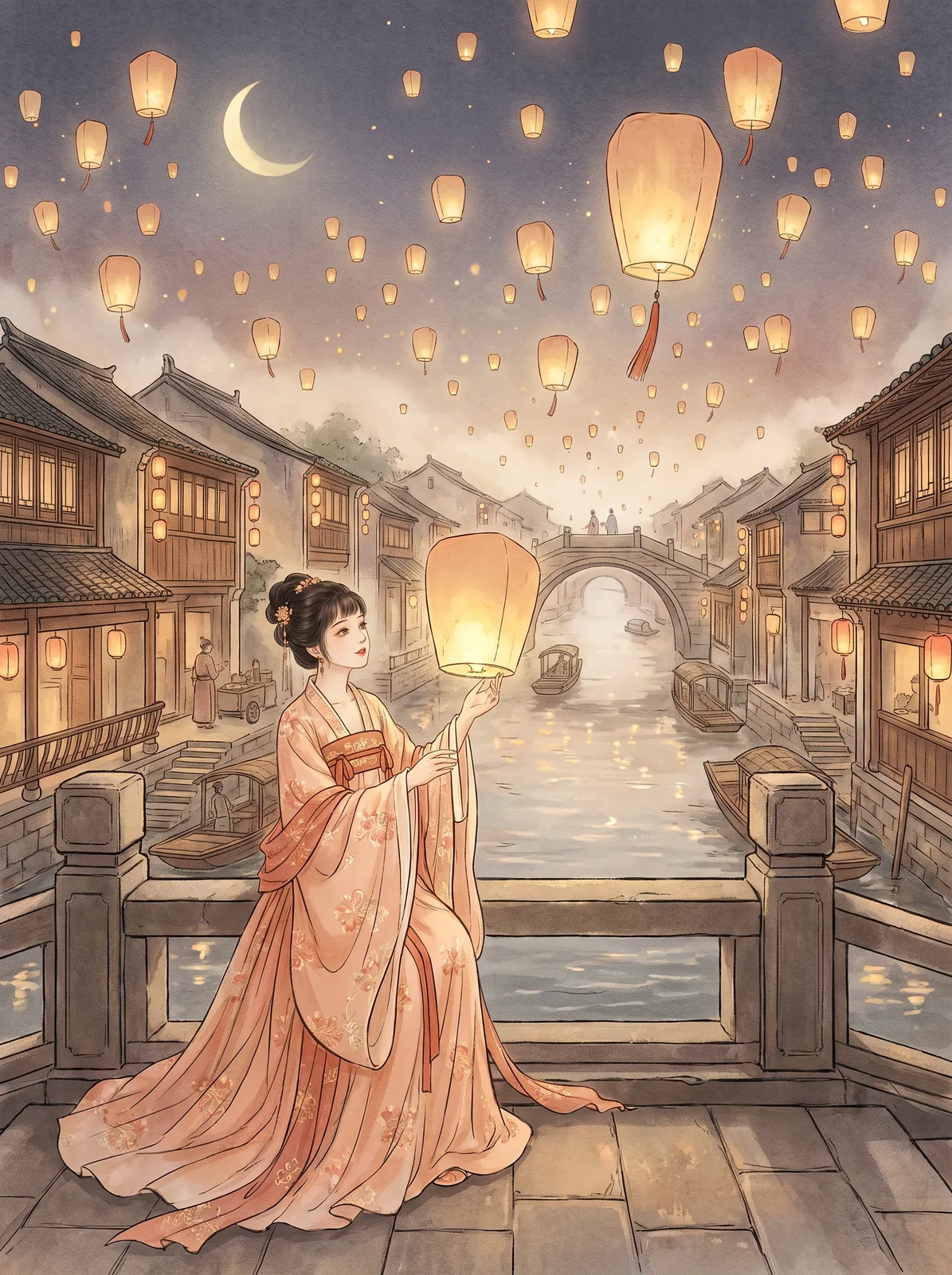 Guofeng illustration of a young woman in layered peach hanfu releasing a paper lantern at the Lantern Festival, hundreds of lanterns rising over a canal town, warm glow and fine linework