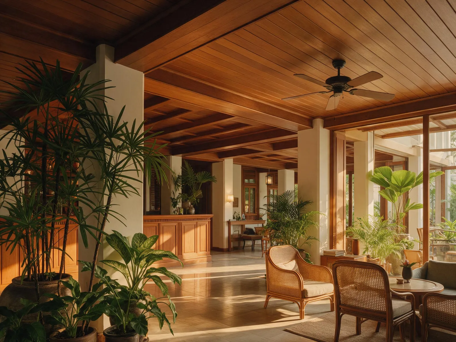 Boutique hotel lobby in Bangkok with teak wood, tropical plants, rattan furniture and a ceiling fan, warm golden afternoon