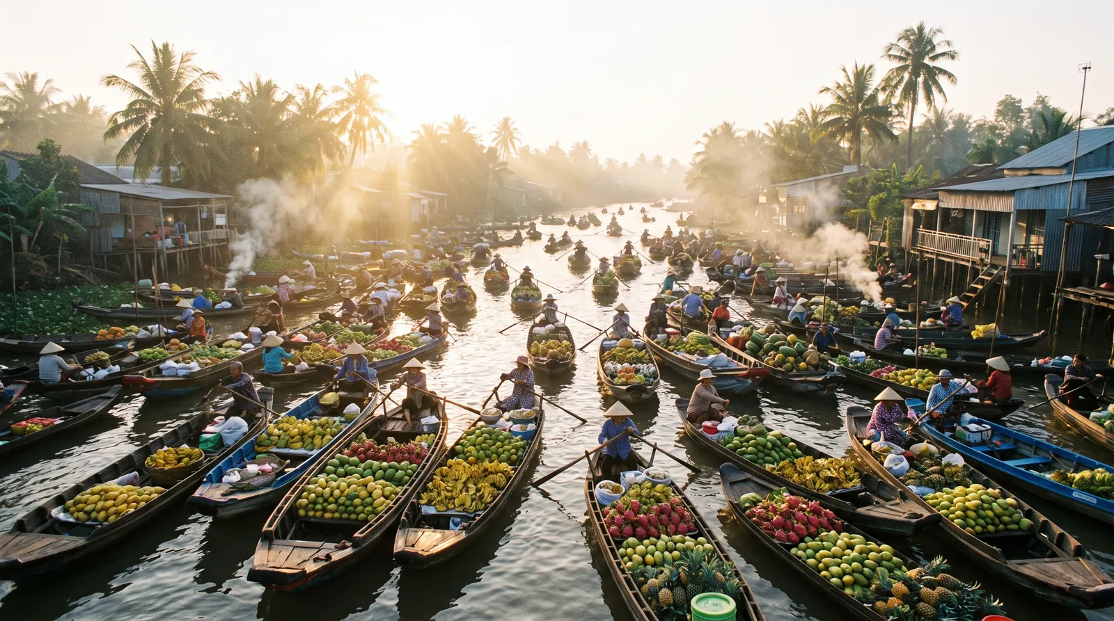 Mekong delta floating market at sunrise, wooden boats loaded with fruit, morning mist on the river, golden light on palm trees