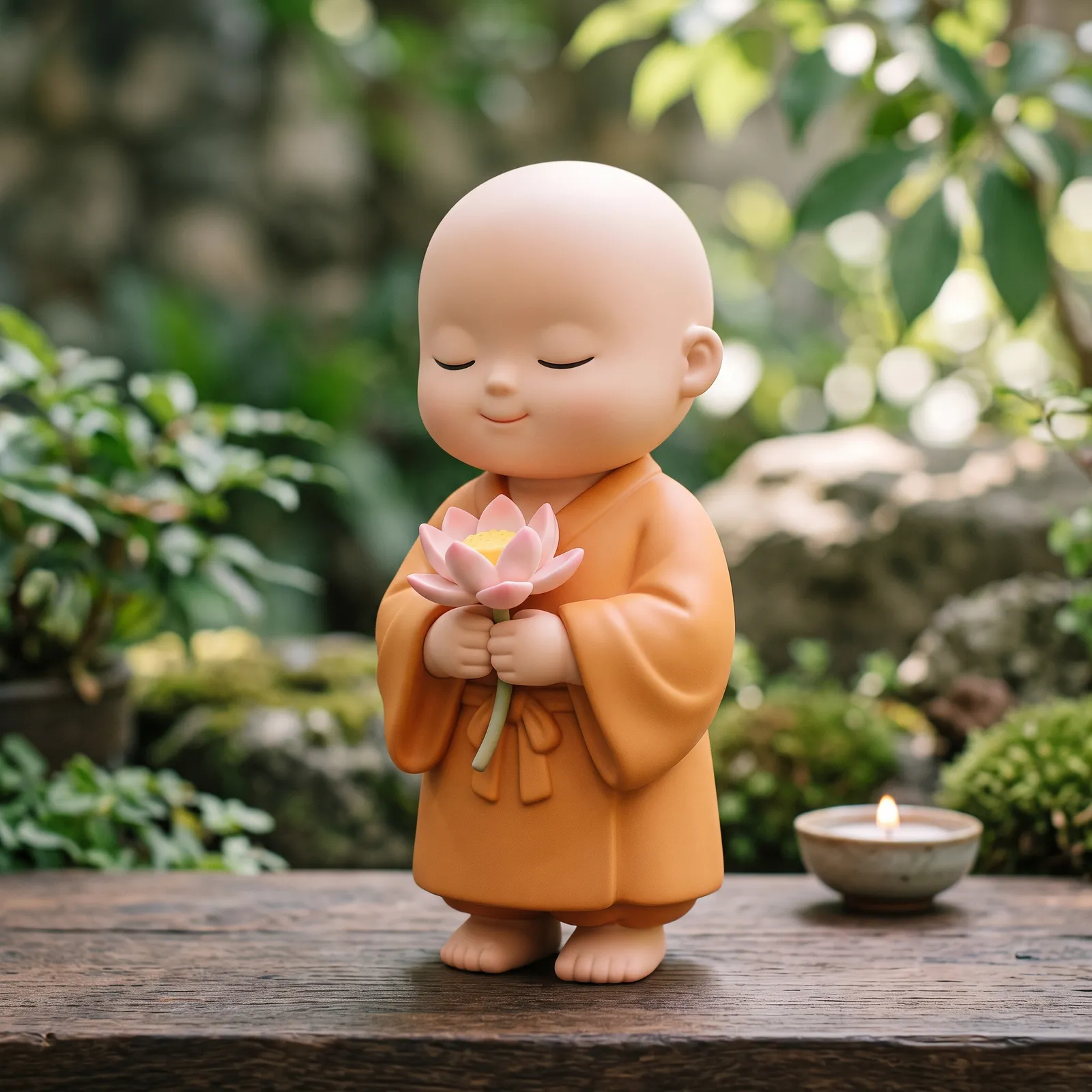 3D vinyl toy of a little monk with a round head holding a lotus, soft matte finish, calm smile, designer art toy photography