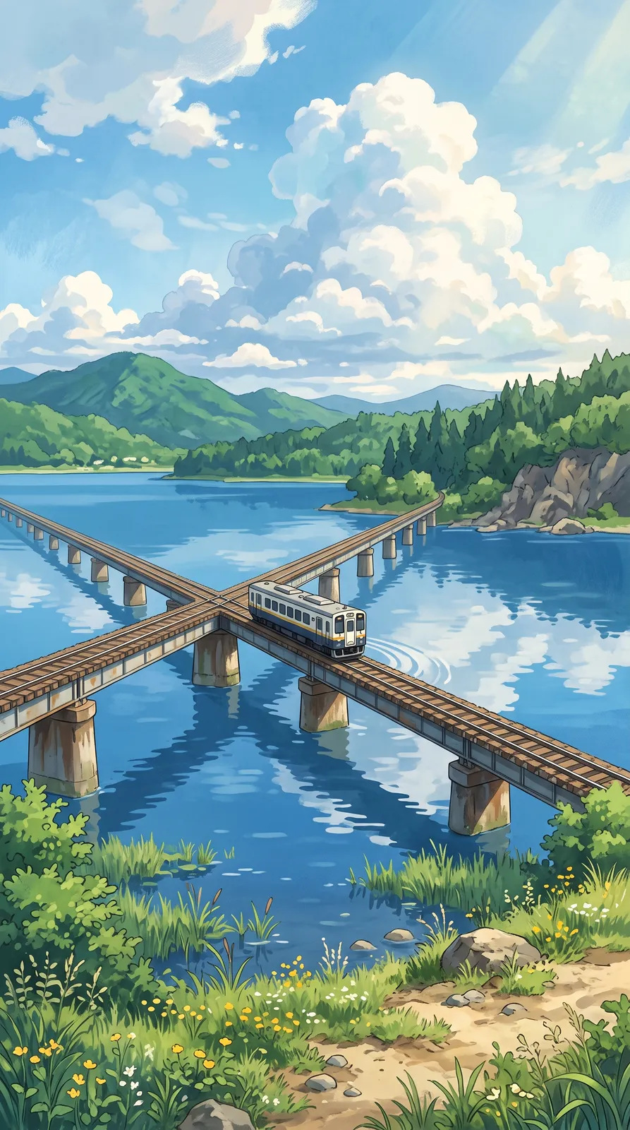 Aesthetic phone wallpaper of a tiny train crossing a vast blue lake on a single track, reflections of clouds, summer anime atmosphere