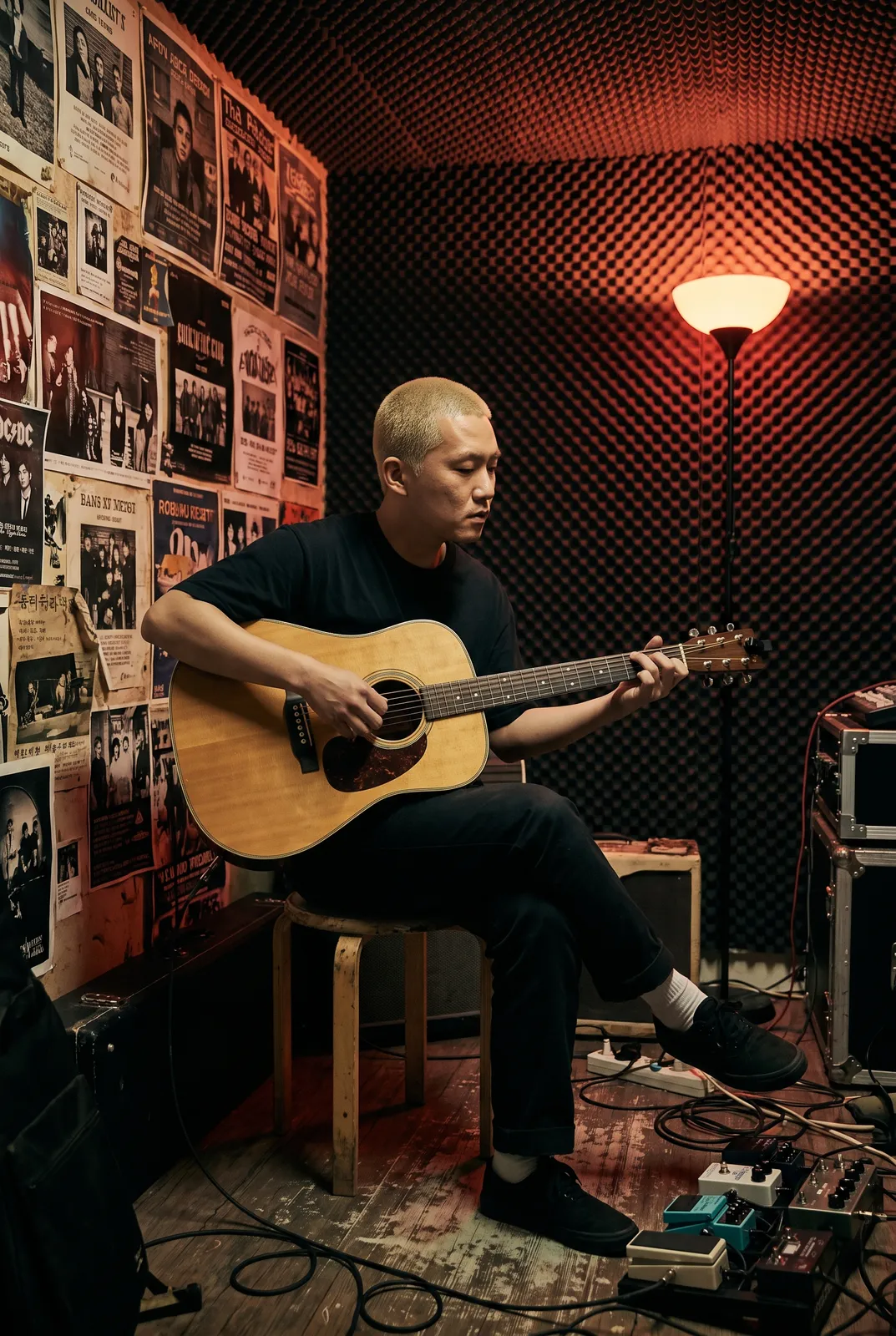 Korean indie musician with a bleached buzz cut and an acoustic guitar in a cramped Hongdae practice room, posters and egg-crate foam on the walls, warm red lamp, honest moody portrait