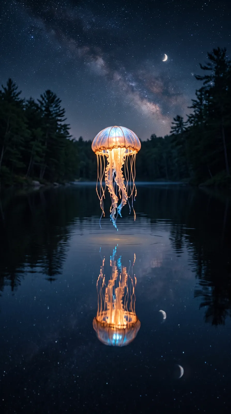 Phone wallpaper of a glowing jellyfish-shaped lantern floating over a dark lake at night, reflections, calm and magical