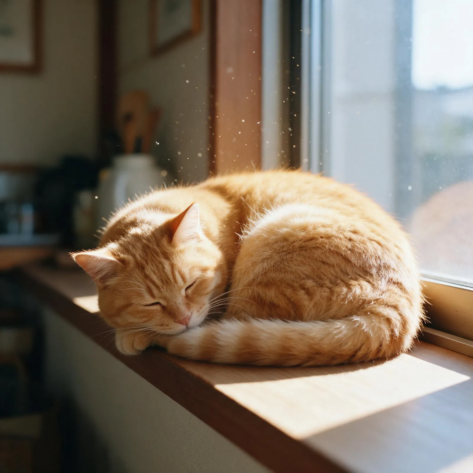 Fluffy orange cat curled up on a sunny windowsill in a Japanese home, eyes half closed, dust motes in the light, warm cozy mood