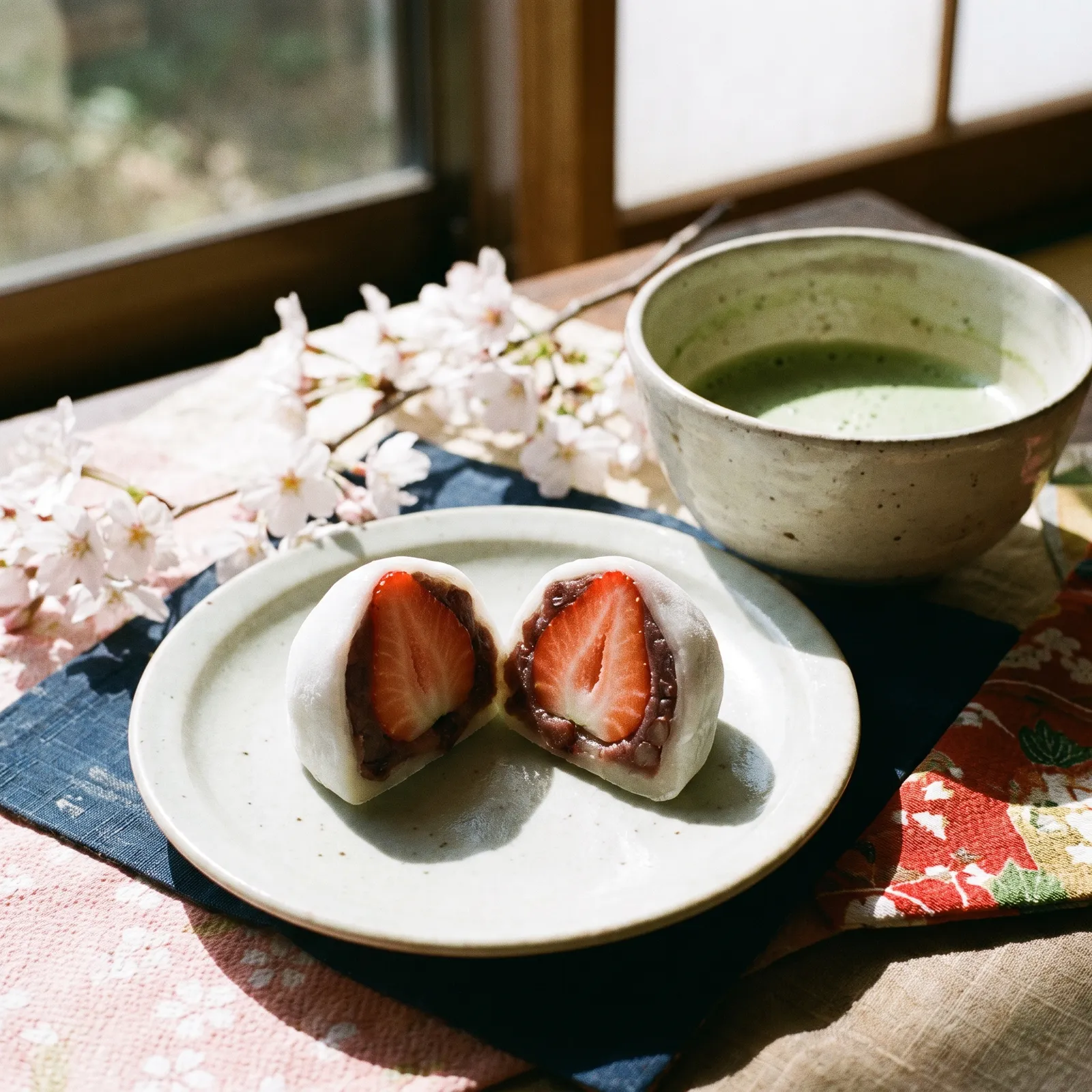 Japanese strawberry daifuku cut in half to show red bean paste around a whole strawberry, on a pale ceramic plate beside a bowl of matcha, soft spring light