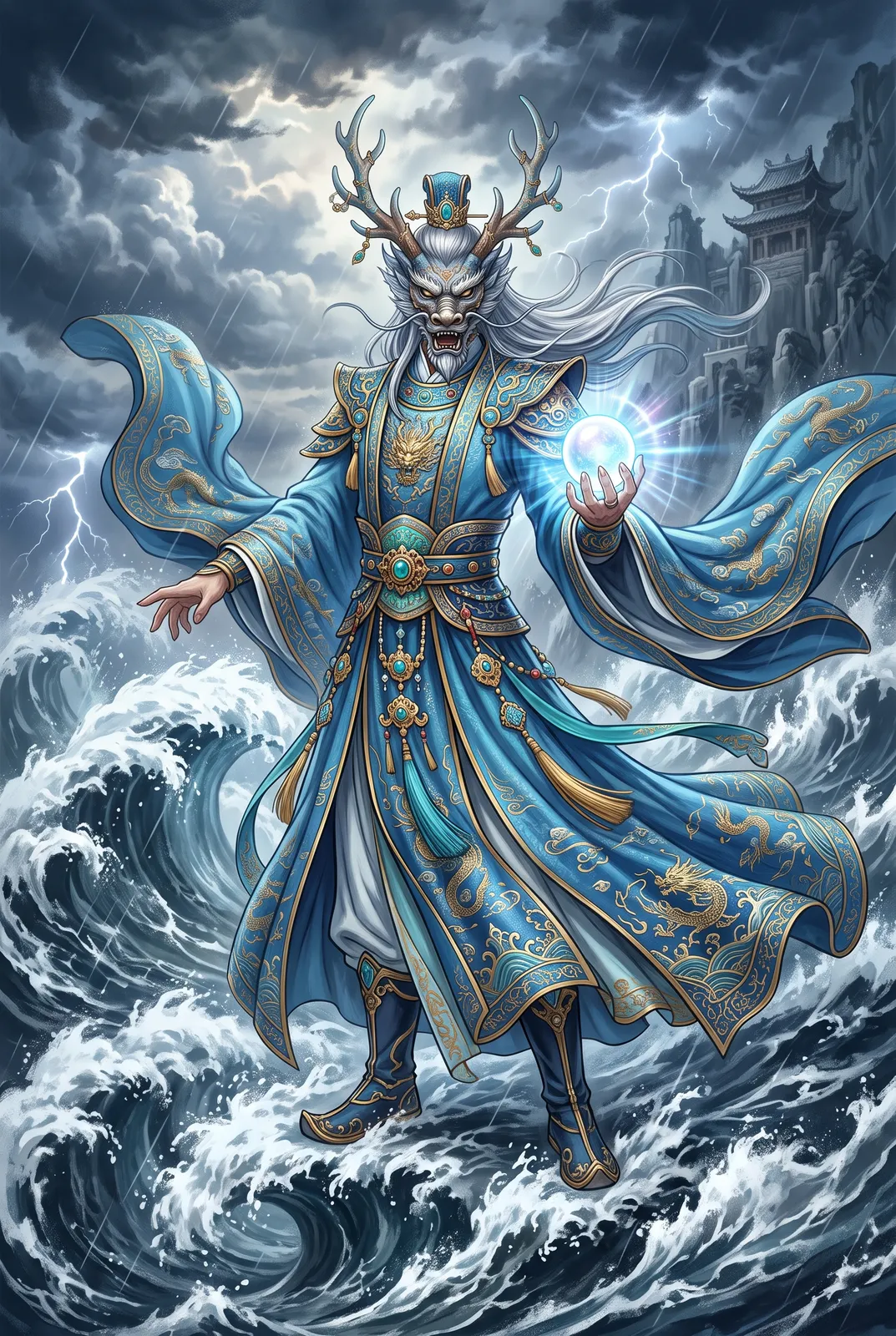 Guofeng dragon king in flowing azure robes with antler horns and a pearl in his hand, standing above stormy waves, majestic and ethereal, fine detailed ornament