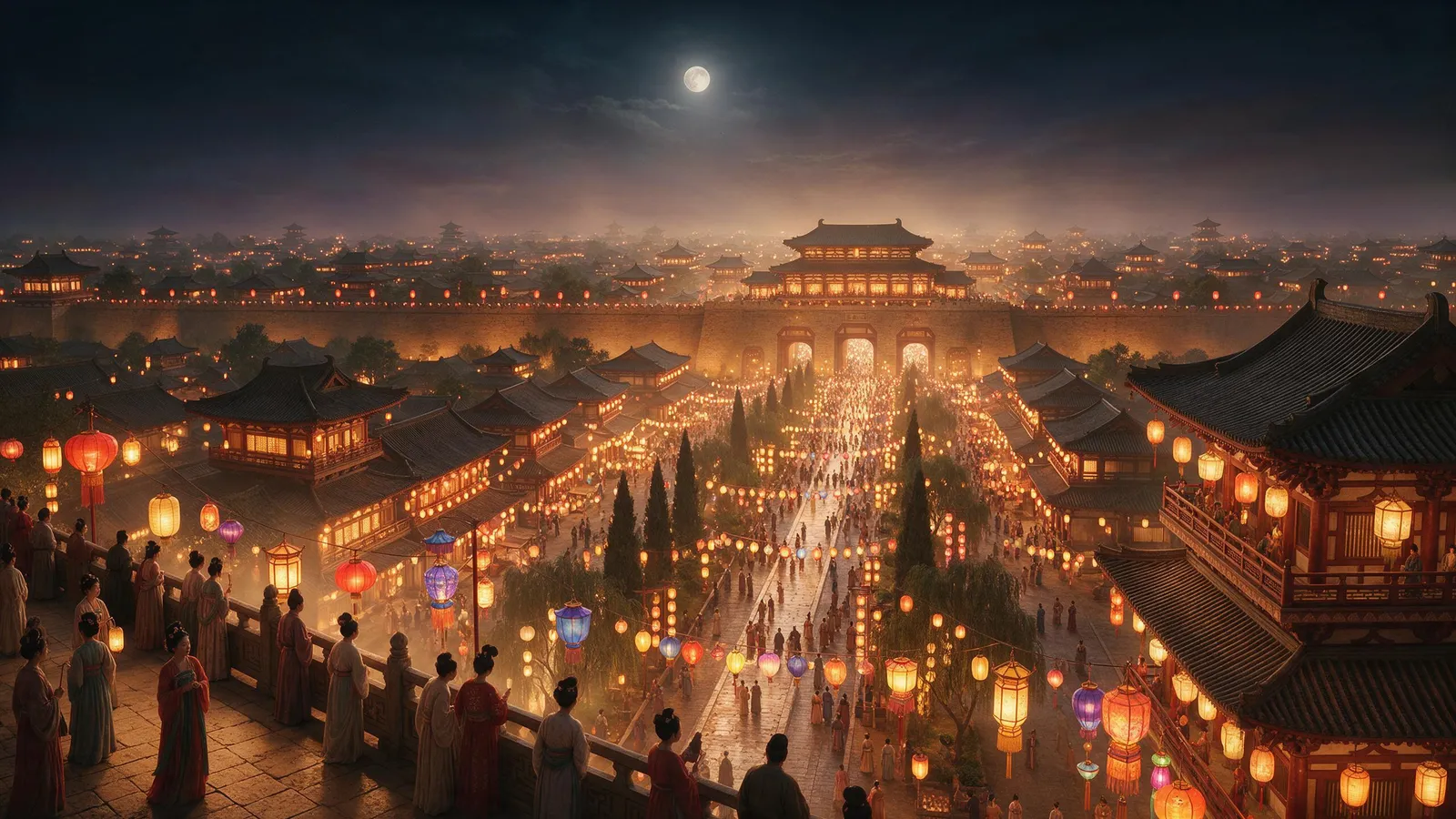 Ancient Chang'an city at night during the lantern festival, thousands of lanterns along the streets, crowds in Tang-era clothing, the city wall glowing, epic guofeng panorama