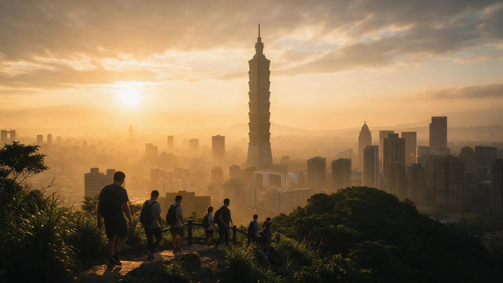 Taipei 101 rising above the city at sunset seen from Elephant Mountain, silhouetted hikers in the foreground, golden haze