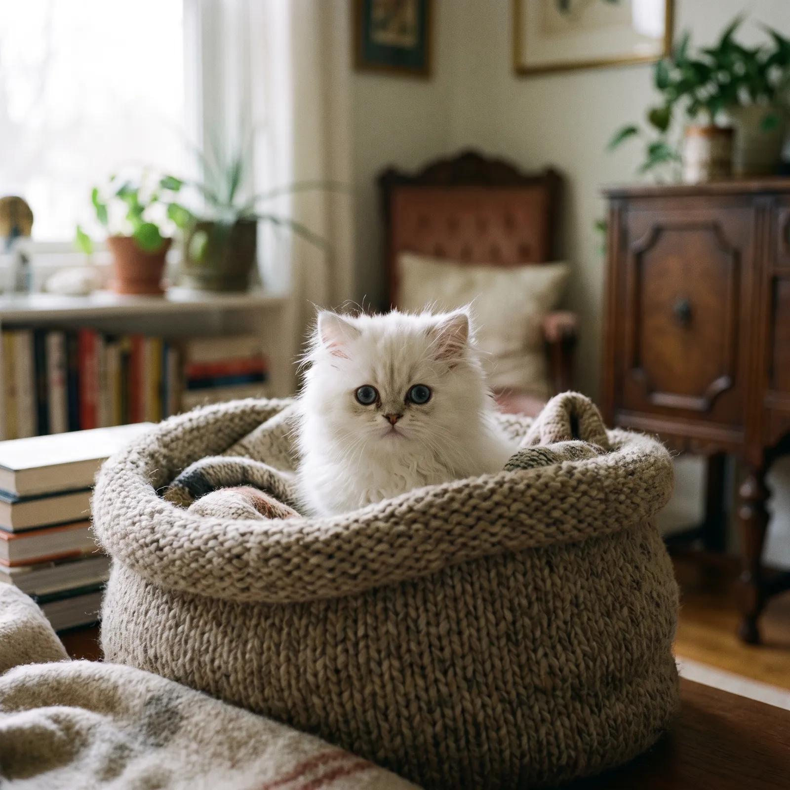 White Persian kitten with blue eyes peeking out of a knitted basket, soft window light, cozy home