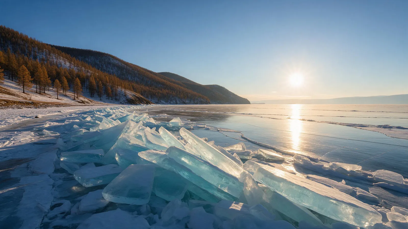 Lake Khövsgöl in northern Mongolia freezing in early winter, slabs of turquoise ice piled along the shore, larch-covered hills dusted with snow, low golden sun, crystal-clear cold air