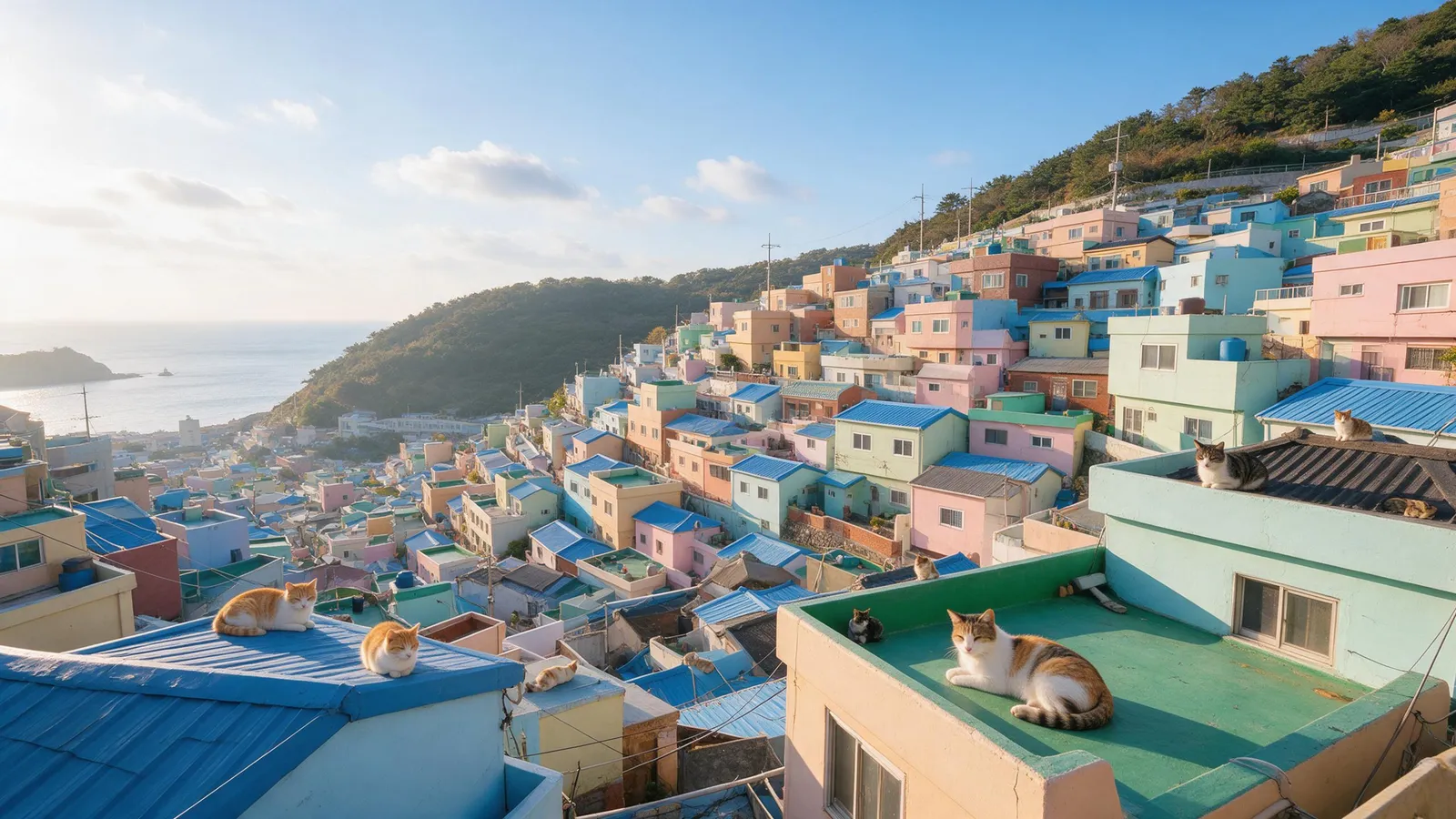 Busan Gamcheon culture village on a hillside in the morning, pastel houses stacked like steps down to the sea, cats on rooftops, bright cheerful travel photography