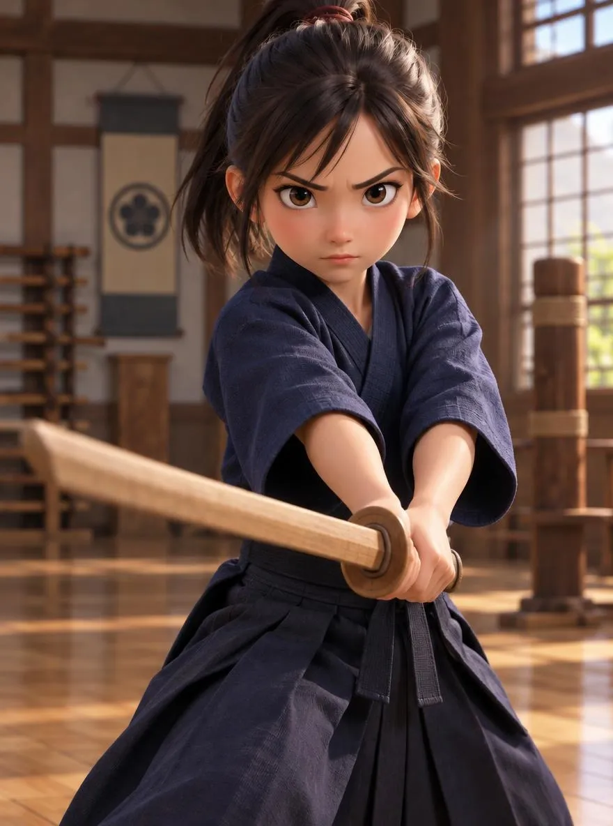 3D stylized young samurai girl with a wooden sword and determined face, animated film quality, dojo background