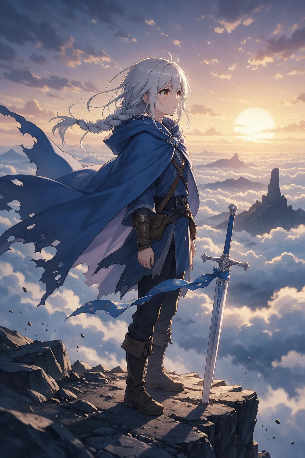 Anime fantasy heroine with silver braided hair and a tattered blue cloak standing on a cliff above a sea of clouds, sword planted beside her, wind sweeping the cloak, dramatic dawn light, epic light-n