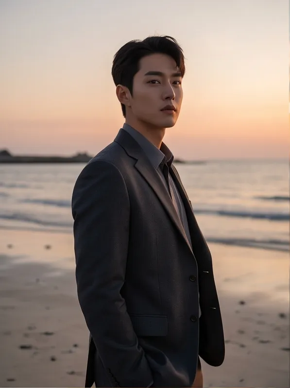 Portrait of a young Chinese man wearing a tailored charcoal suit in a Jeju beach at sunset, cinematic side light, high fashion campaign photo