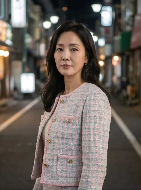 Portrait of a Korean woman in her forties wearing a pastel tweed jacket in a Tokyo backstreet at night, studio softbox lighting, cinematic film still