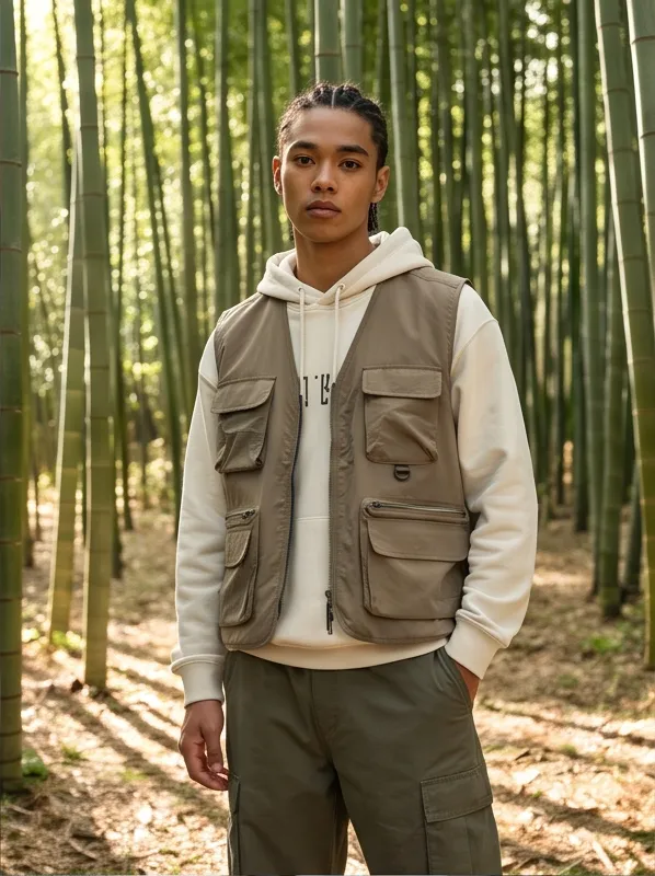Portrait of a mixed-race Korean model wearing streetwear with a cargo vest in a bamboo forest, dappled sunlight through leaves, high fashion campaign photo