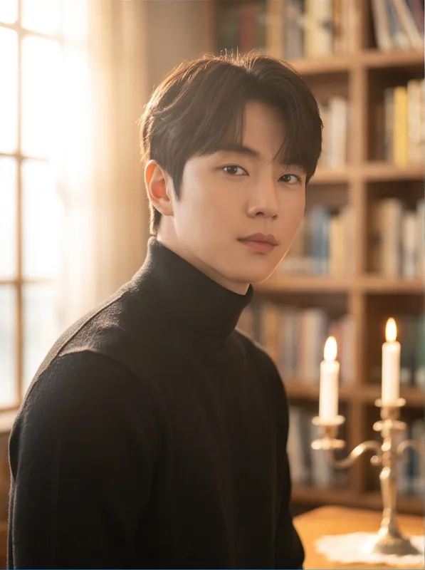 Portrait of a young Korean man wearing a minimalist black turtleneck in a sunlit library, candlelight, dreamy soft focus portrait