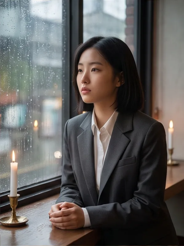 Portrait of a young Korean woman wearing a tailored charcoal suit in a rainy cafe window, candlelight, cinematic film still