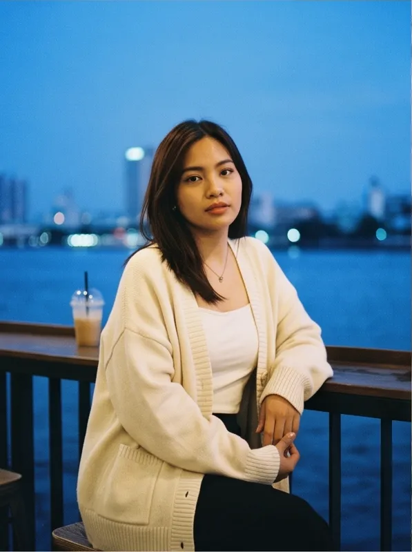 Portrait of a Filipino woman in her twenties wearing an oversized cream knit cardigan in a Bangkok riverside cafe, blue hour ambience, analog film photo, Kodak Portra 400