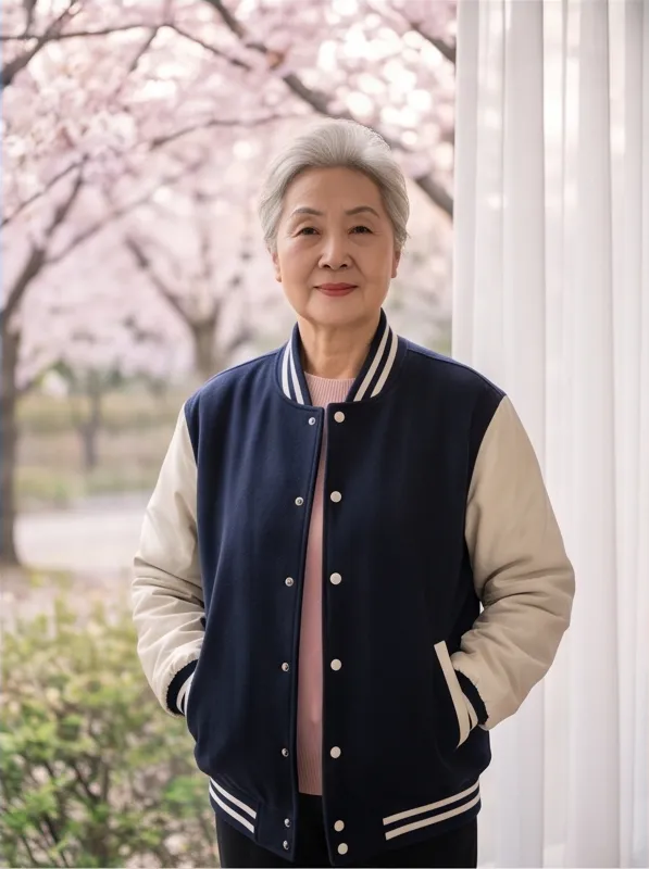 Portrait of a Chinese grandmother wearing a varsity jacket in a cherry blossom park, soft window light, high fashion campaign photo