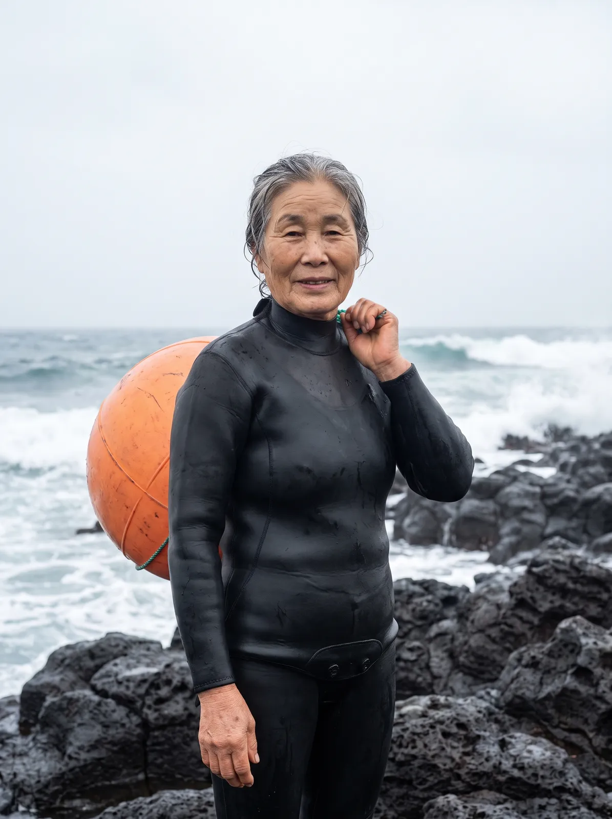 Korean grandmother haenyeo diver on a Jeju basalt shore, black wetsuit, round orange float on her shoulder, wet silver hair tied back, proud smile, overcast soft light, wind-blown sea behind, editoria