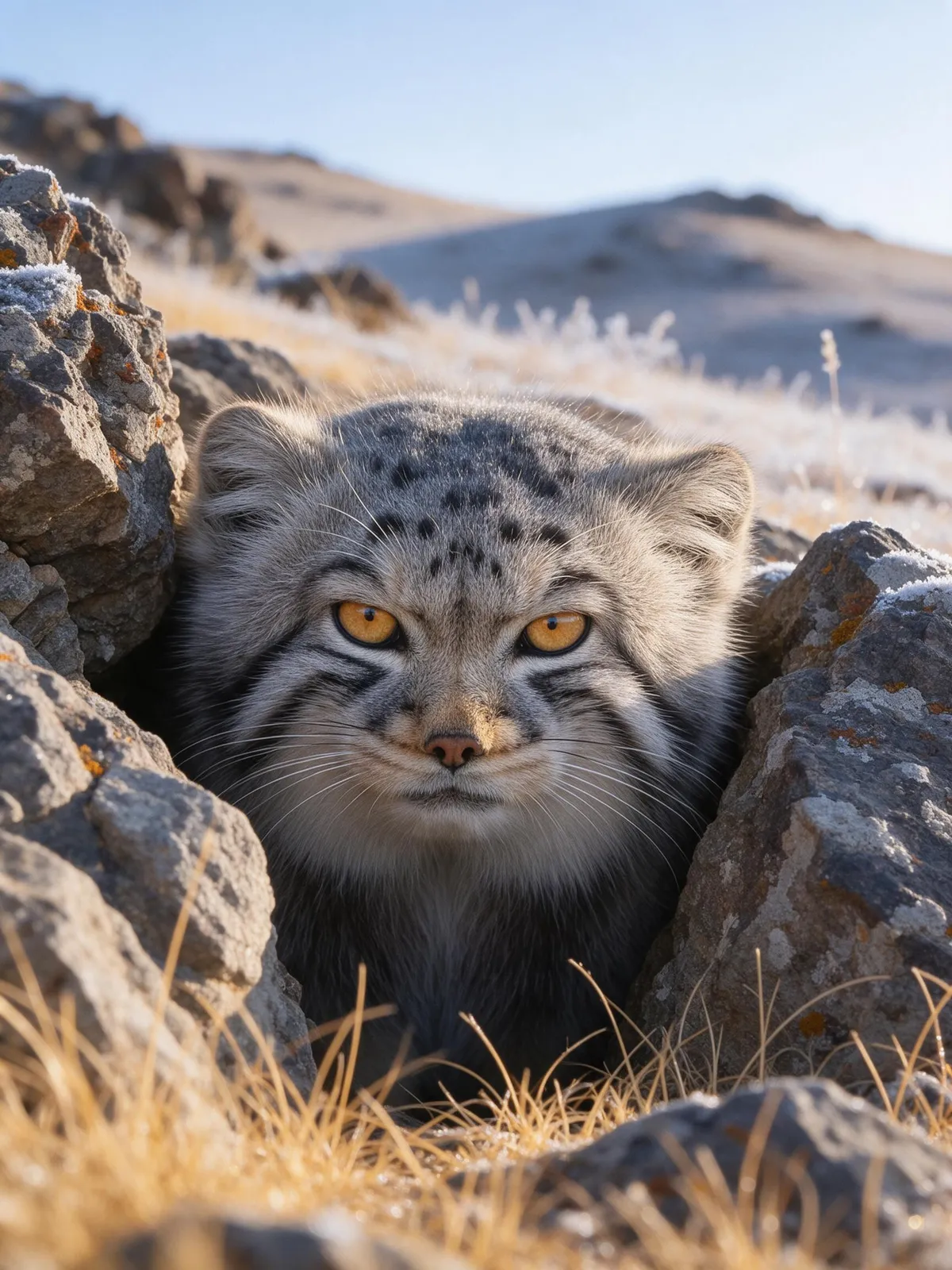 Pallas's cat peering out of a rock crevice on a frosty Mongolian hillside, thick silver-grey fur, flat grumpy face, intense amber eyes, golden winter grass, telephoto wildlife portrait