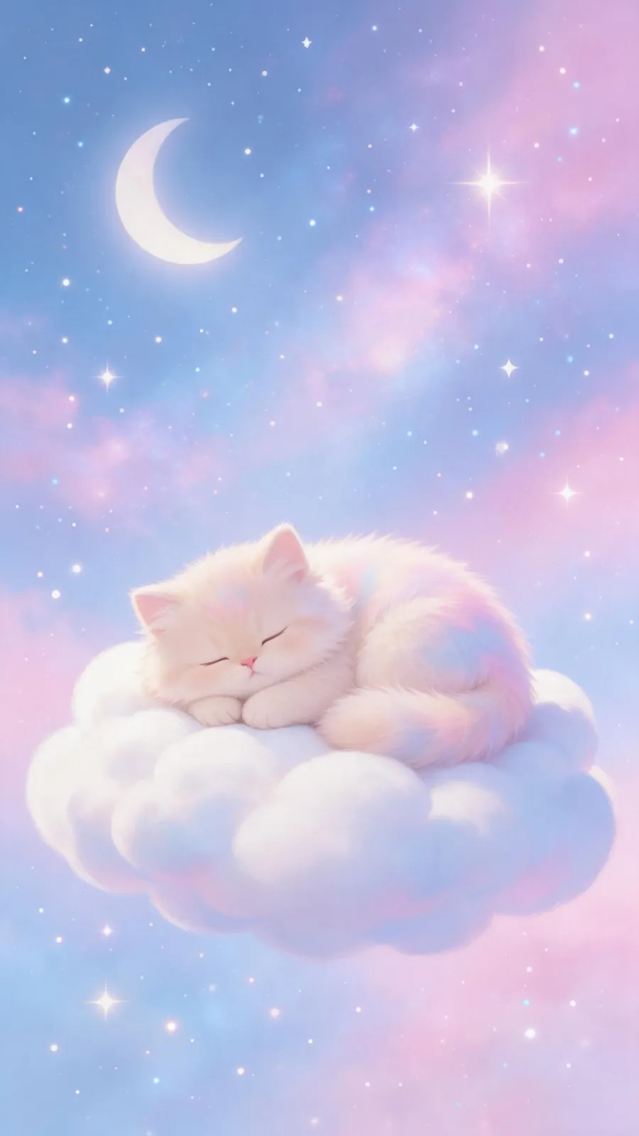 Cute phone wallpaper of a sleepy cat curled up on a cloud under a starry sky, pastel blue and pink palette