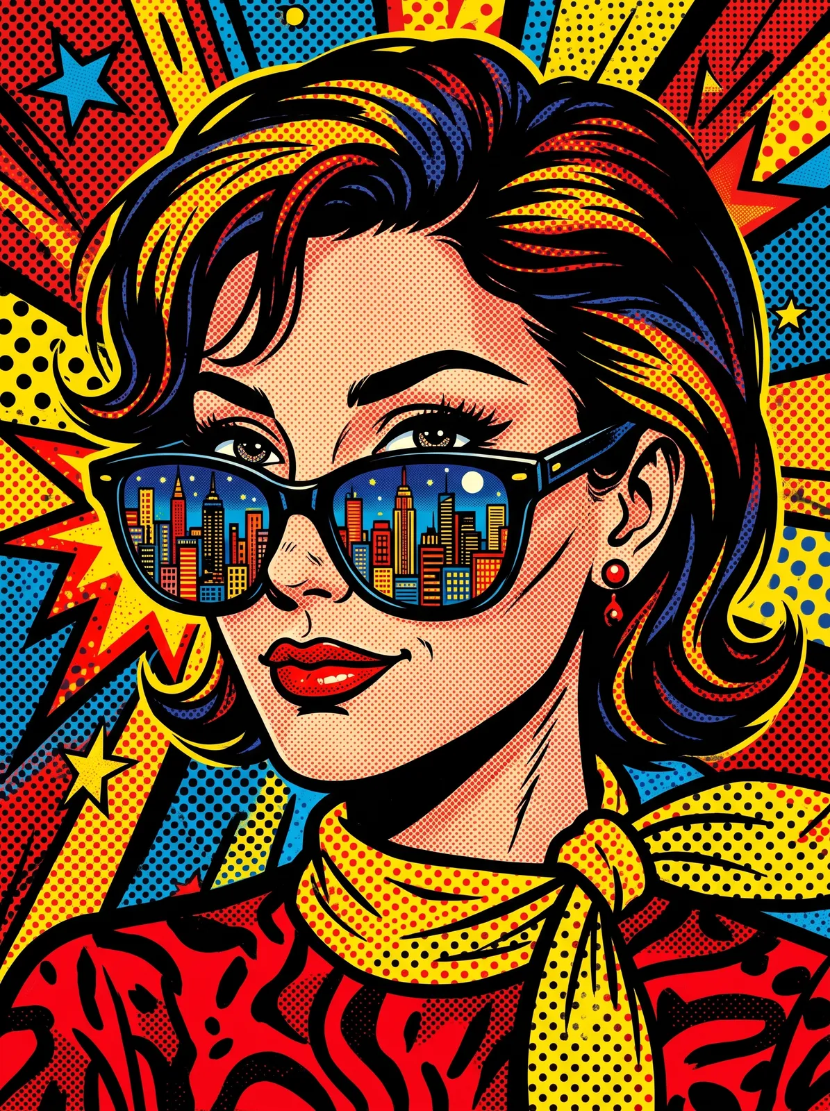 Bold pop-art illustration of a woman with sunglasses reflecting a city skyline, halftone dots, vivid red and yellow, comic style without speech bubbles