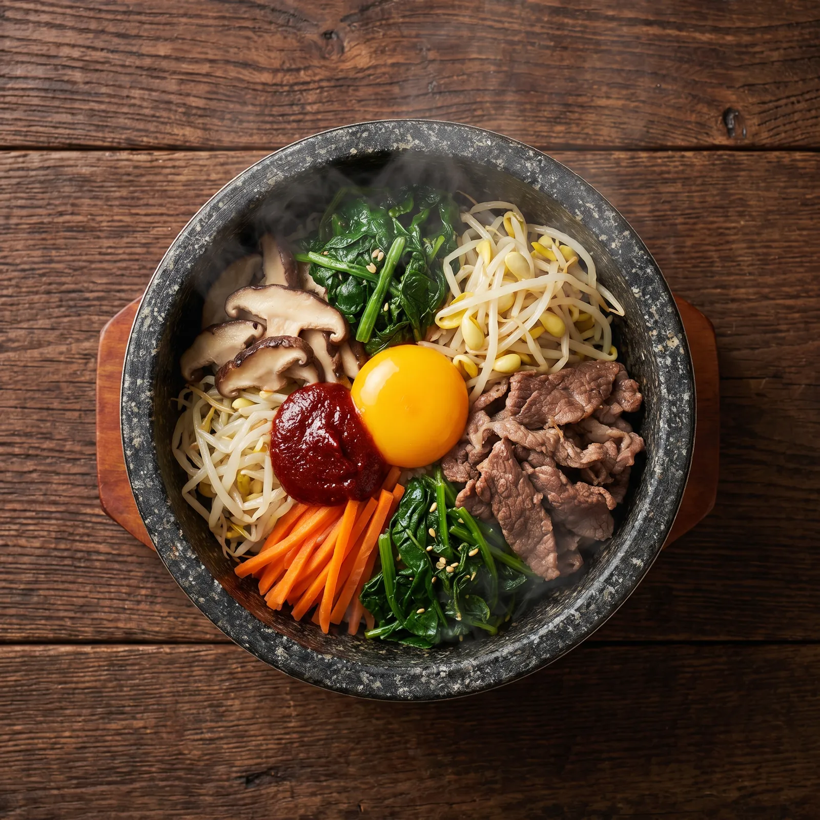 Bibimbap in a sizzling stone dolsot with colorful namul, a raw egg yolk and gochujang, top-down, dark wood table
