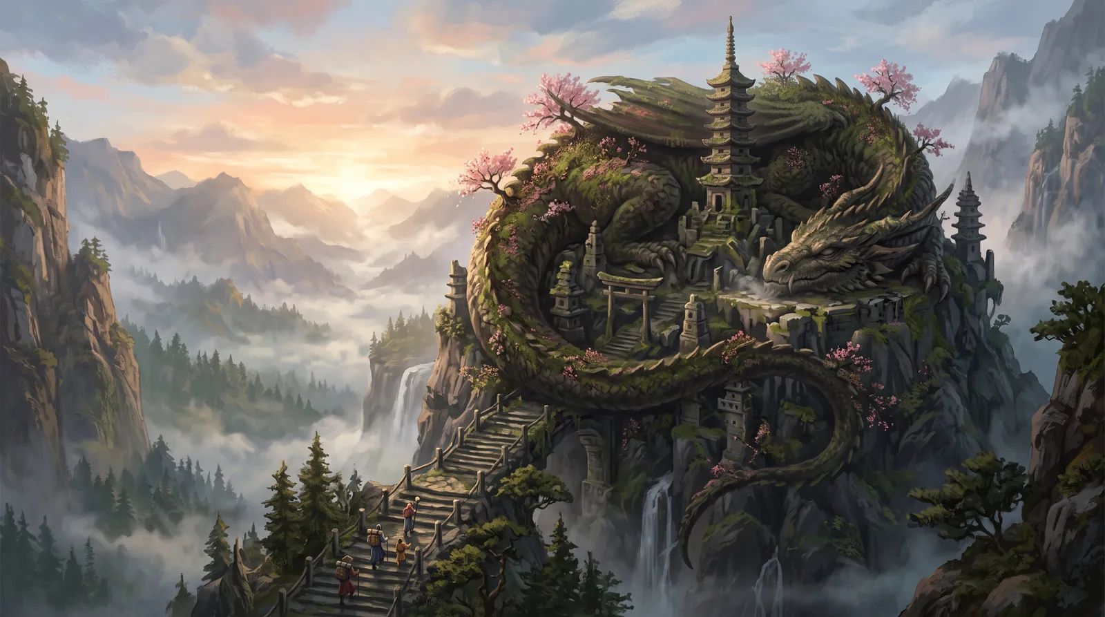 Epic fantasy landscape of an ancient dragon sleeping coiled around a ruined mountain temple, moss and cherry trees growing on its scales, morning mist in the valley, tiny pilgrims climbing stone stair