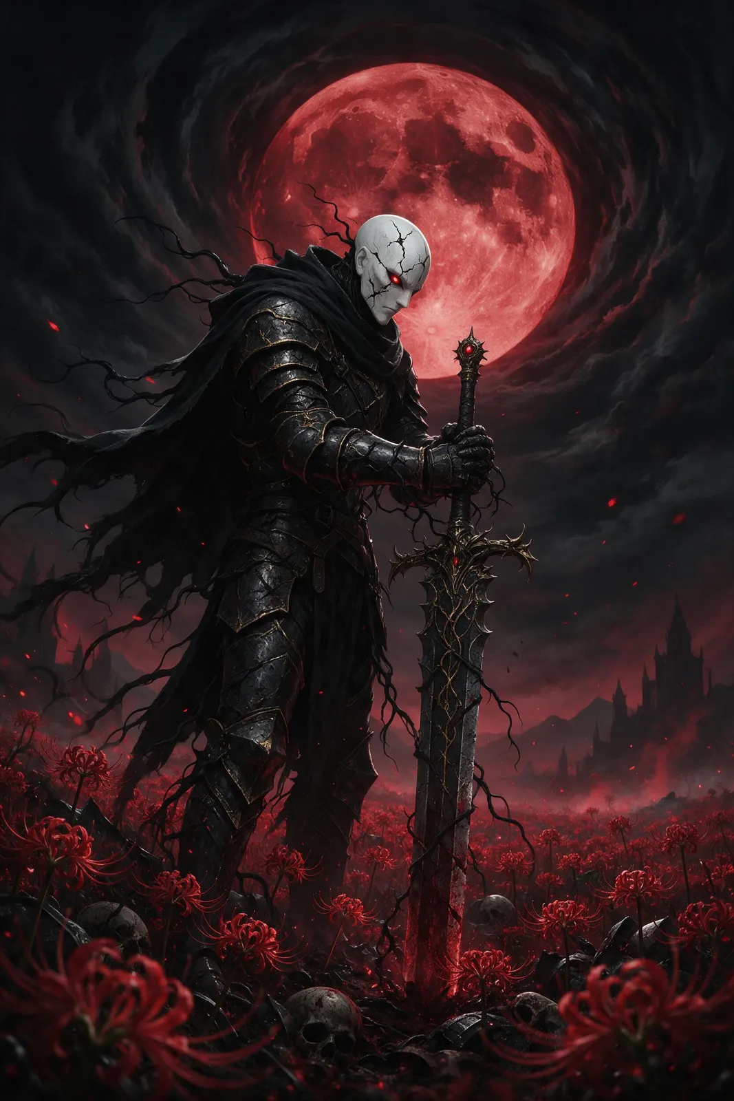 Anime dark fantasy knight with a cracked white mask and a huge sword standing in a field of red spider lilies under a blood moon, dramatic