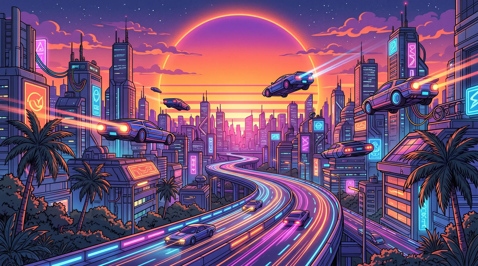 Retro-futuristic 1980s anime-style city with flying cars over a neon highway at dusk, synthwave sunset with a huge sun, palm trees, chrome reflections