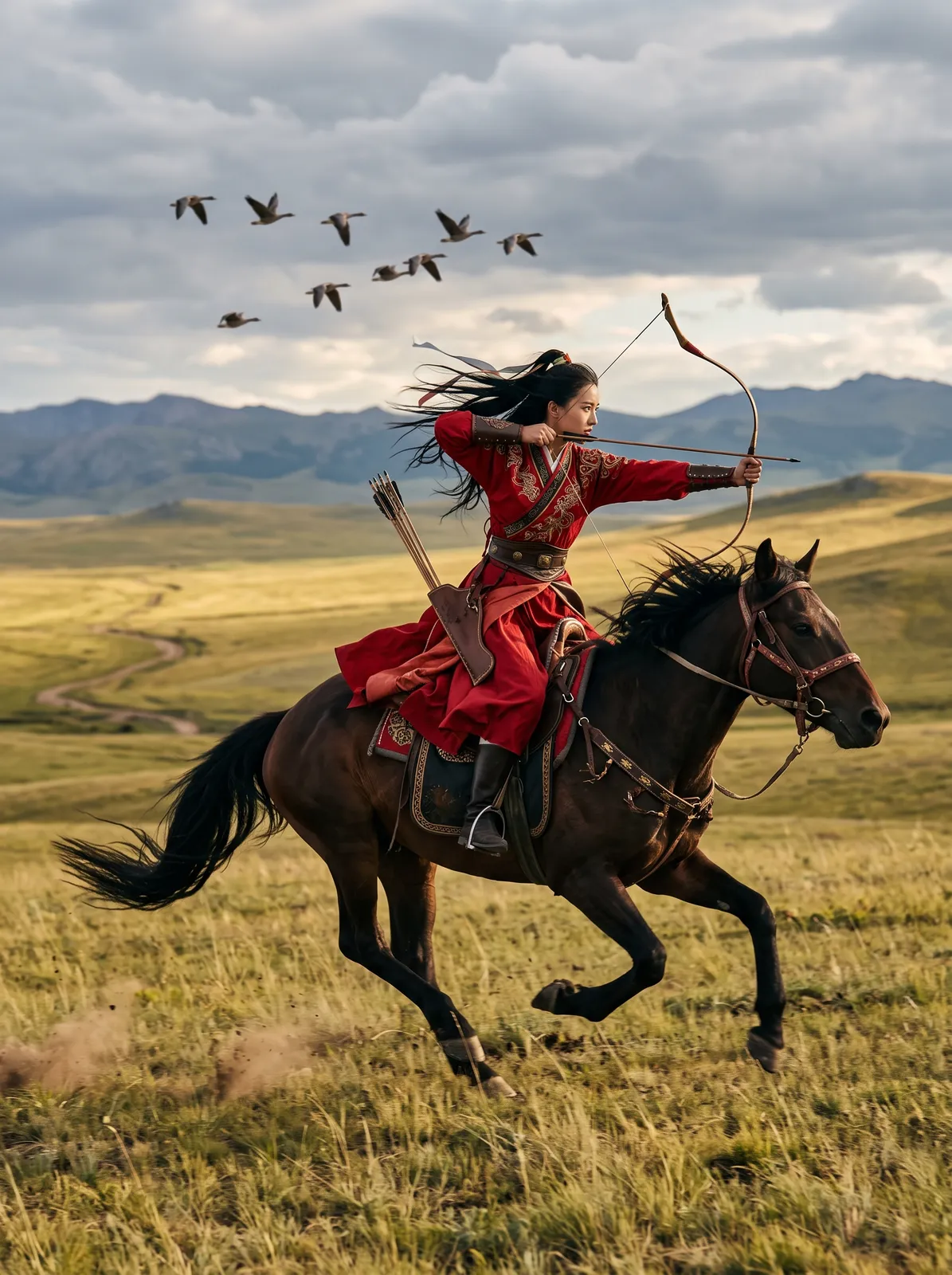 Guofeng archer princess in red riding attire drawing a bow on horseback across a grassland, hair flowing, wild geese overhead, dynamic heroic composition