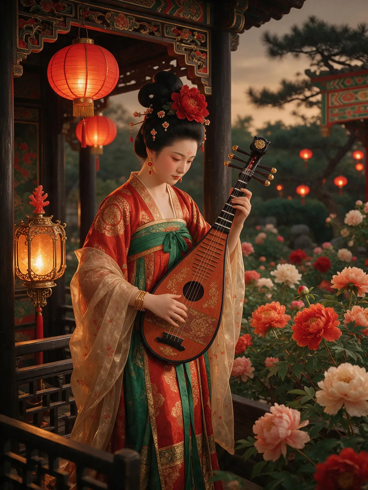 Tang dynasty court lady in vivid red and green ruqun with a high bun and floral hair ornaments, playing a pipa in a garden pavilion, peonies in bloom, warm lantern light, rich traditional color palett