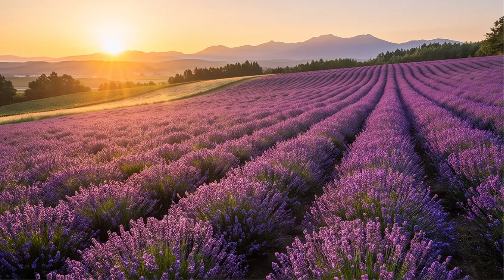 A Hokkaido lavender field, epic landscape photography, golden hour