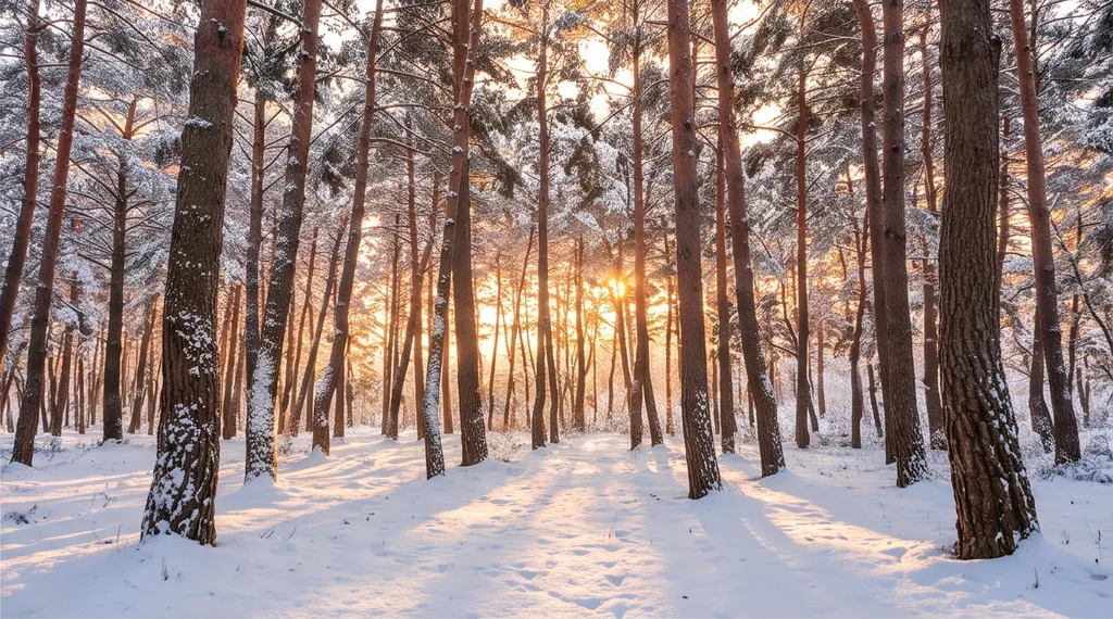 A Korean pine forest in snow, epic landscape photography, golden hour