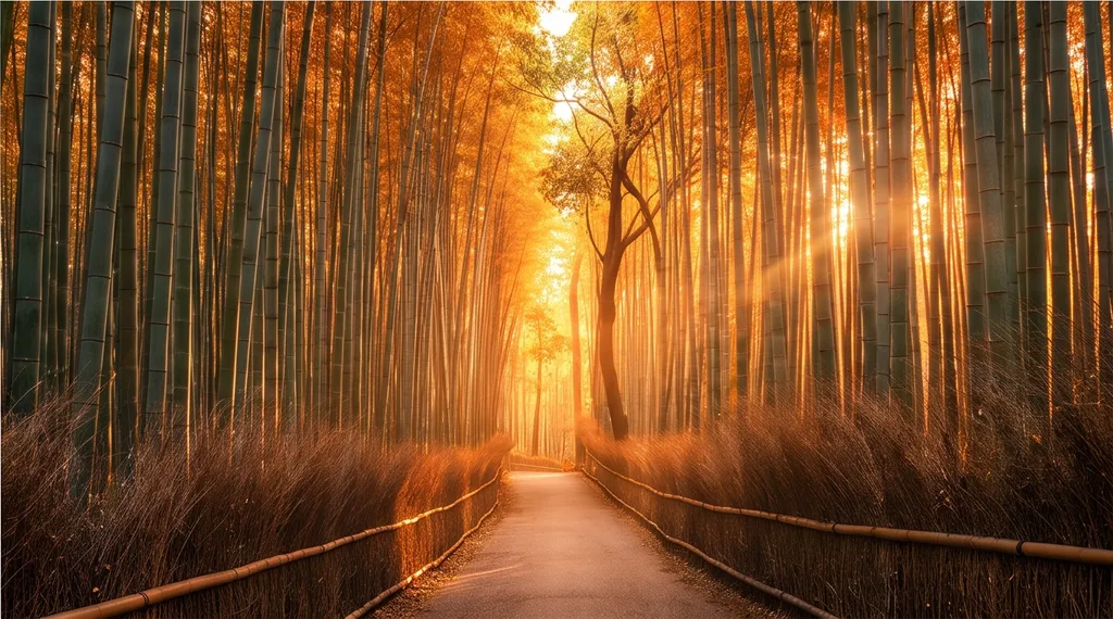 A Kyoto bamboo grove path, epic landscape photography, golden hour