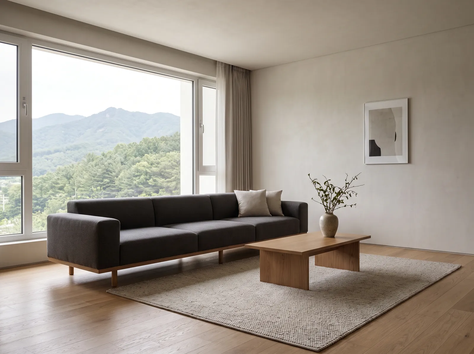 Modern Korean apartment living room with a low sofa, large window facing a mountain, light oak floor, minimal decor, calm daylight