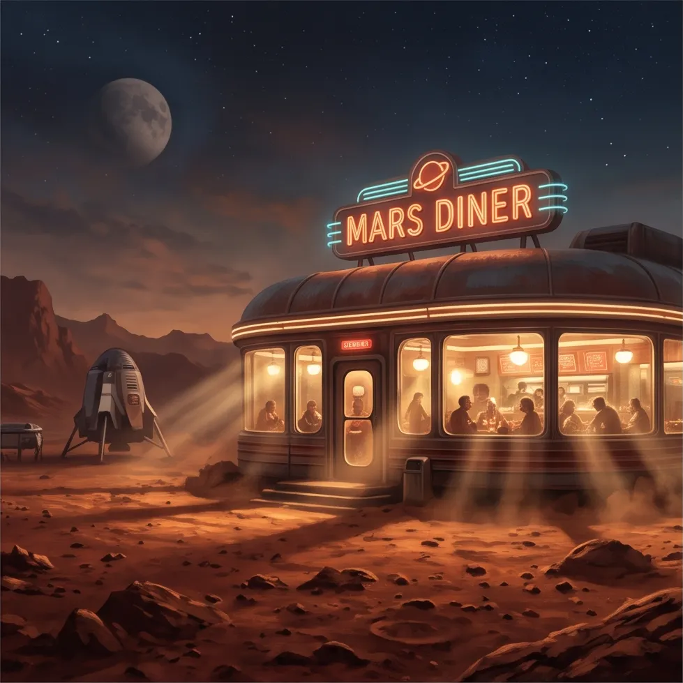 A retro-futuristic diner on Mars, cinematic sci-fi concept art, volumetric light