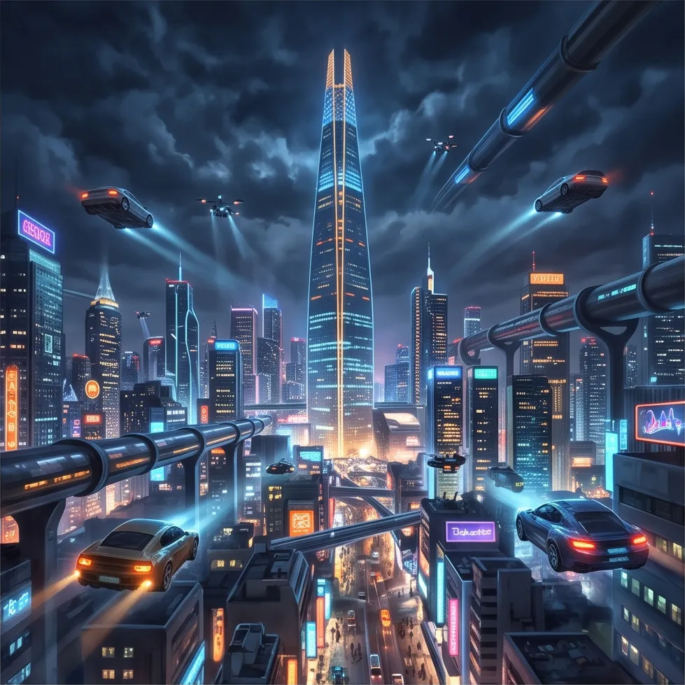 A futuristic Seoul skyline with flying cars, cinematic sci-fi concept art, volumetric light