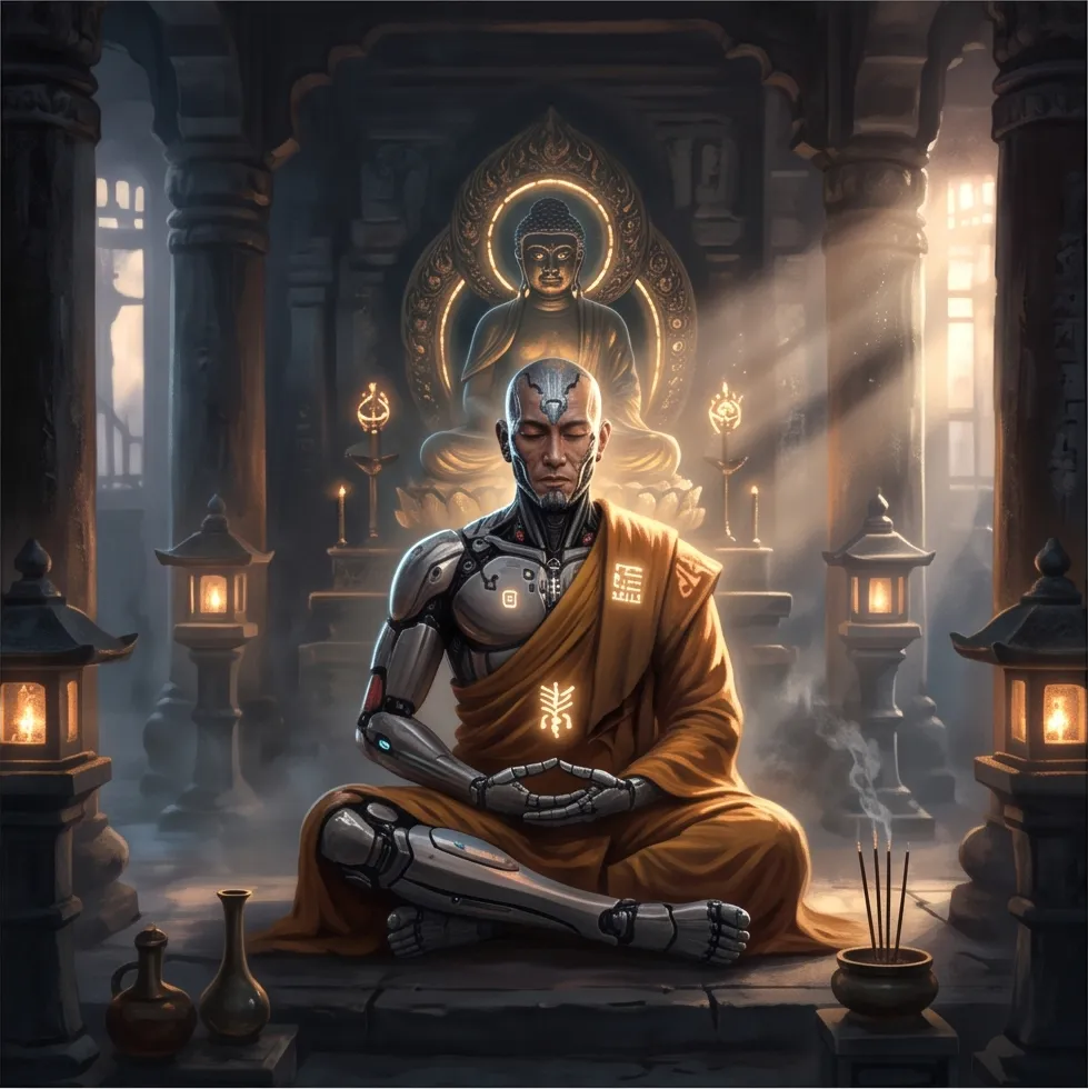 A cyborg monk in a temple, cinematic sci-fi concept art, volumetric light