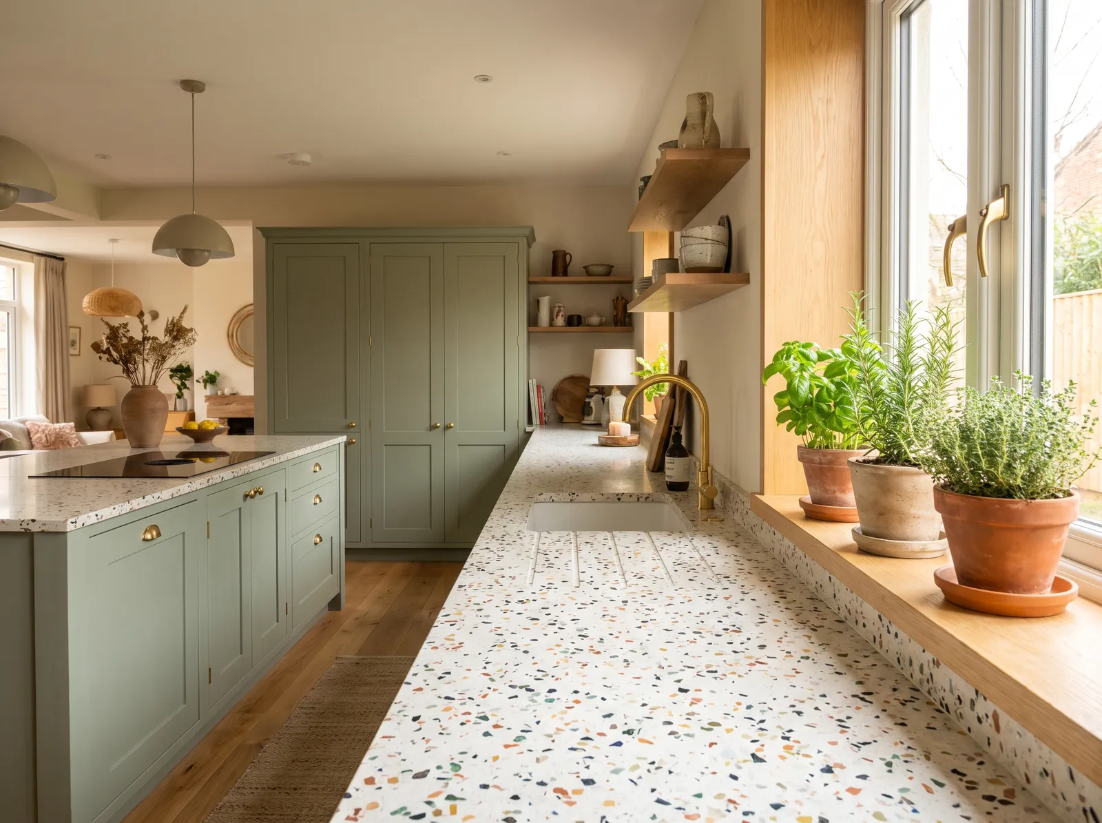 Open kitchen with terrazzo countertops, sage green cabinets, brass fixtures and herbs on the windowsill, bright daylight, lifestyle magazine