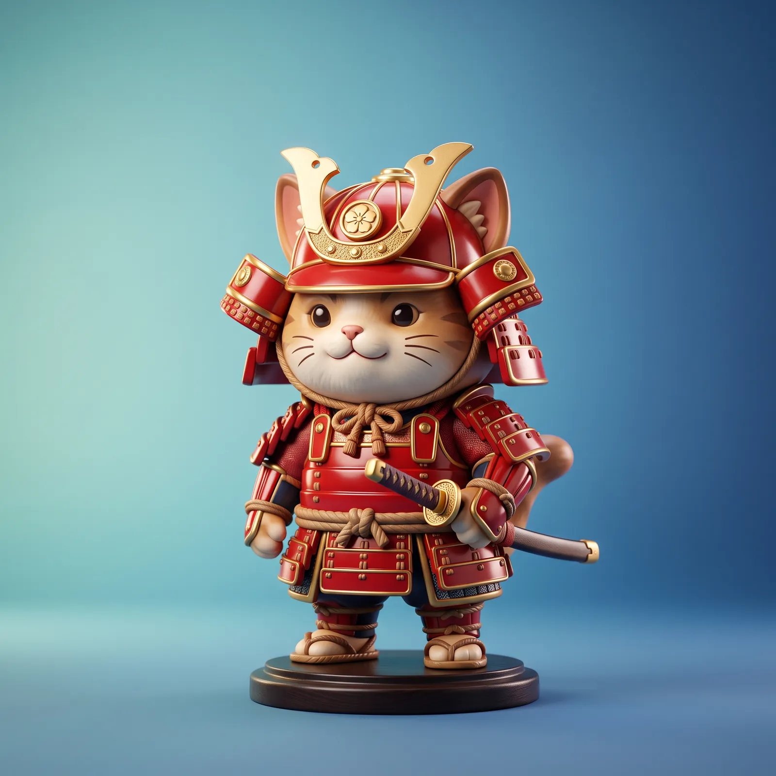 3D chibi figurine of a samurai cat in red armor with a tiny katana, glossy vinyl toy finish, studio lighting on a clean gradient, collectible designer toy