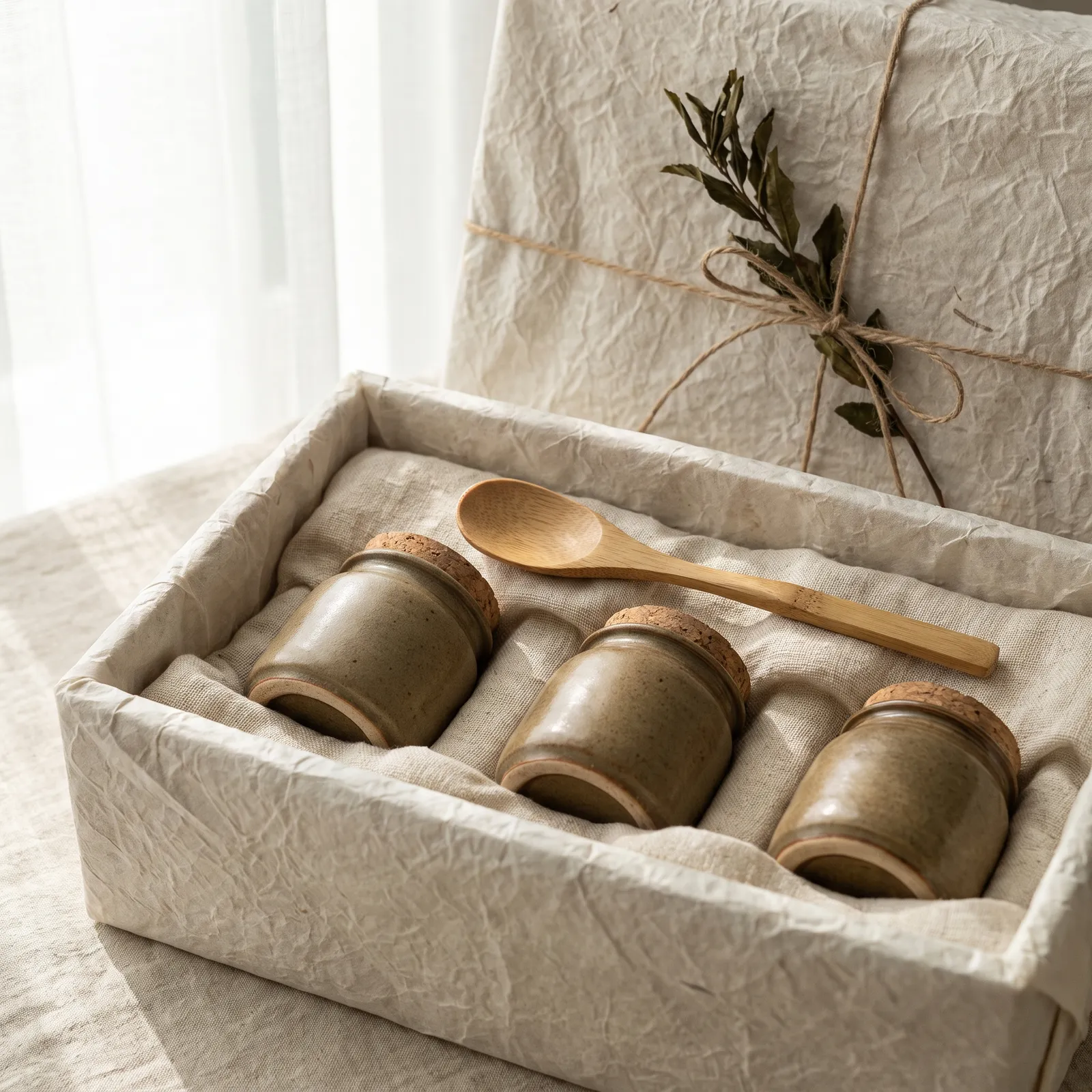 Hanji paper-wrapped Korean tea gift set with ceramic jars and a bamboo spoon, soft natural light on linen, artisanal premium packaging