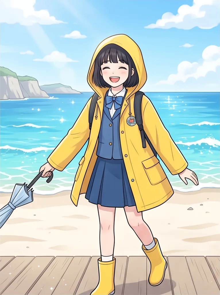 Korean webtoon style, clean line art, soft cel shading: a schoolgirl with a yellow raincoat by the sea in summer