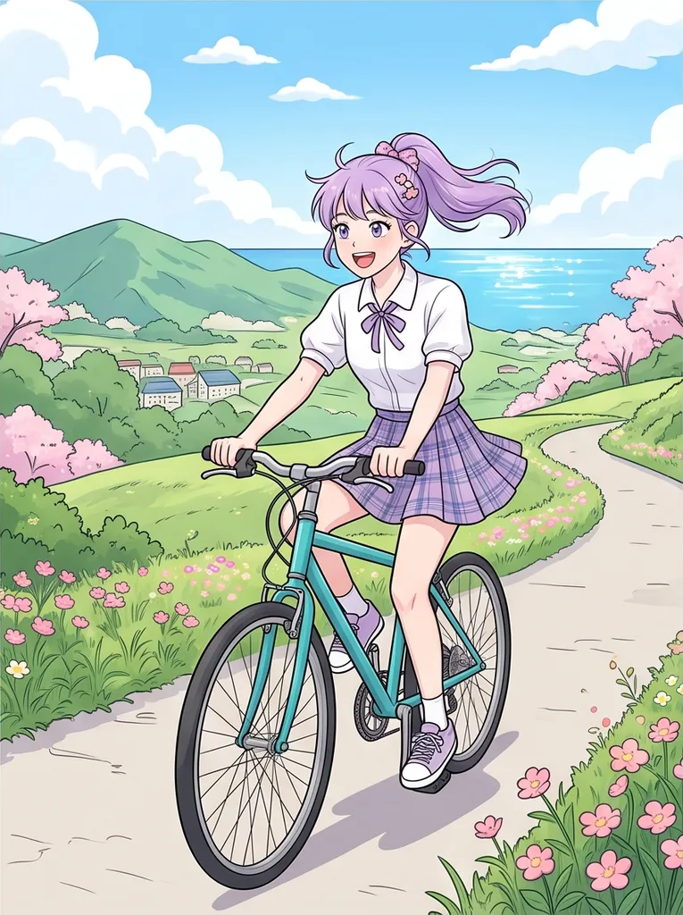 Korean webtoon style, clean line art, soft cel shading: an idol girl with lavender hair on a bicycle down a hill