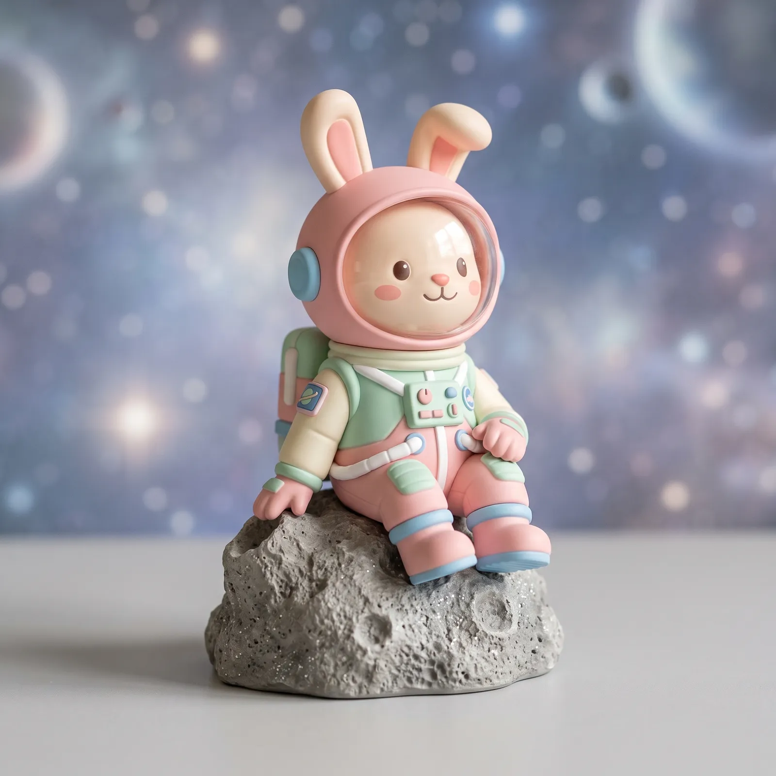 Blind-box toy figure of a bunny astronaut in a pastel spacesuit sitting on a moon rock, matte vinyl texture, product shot with soft shadow